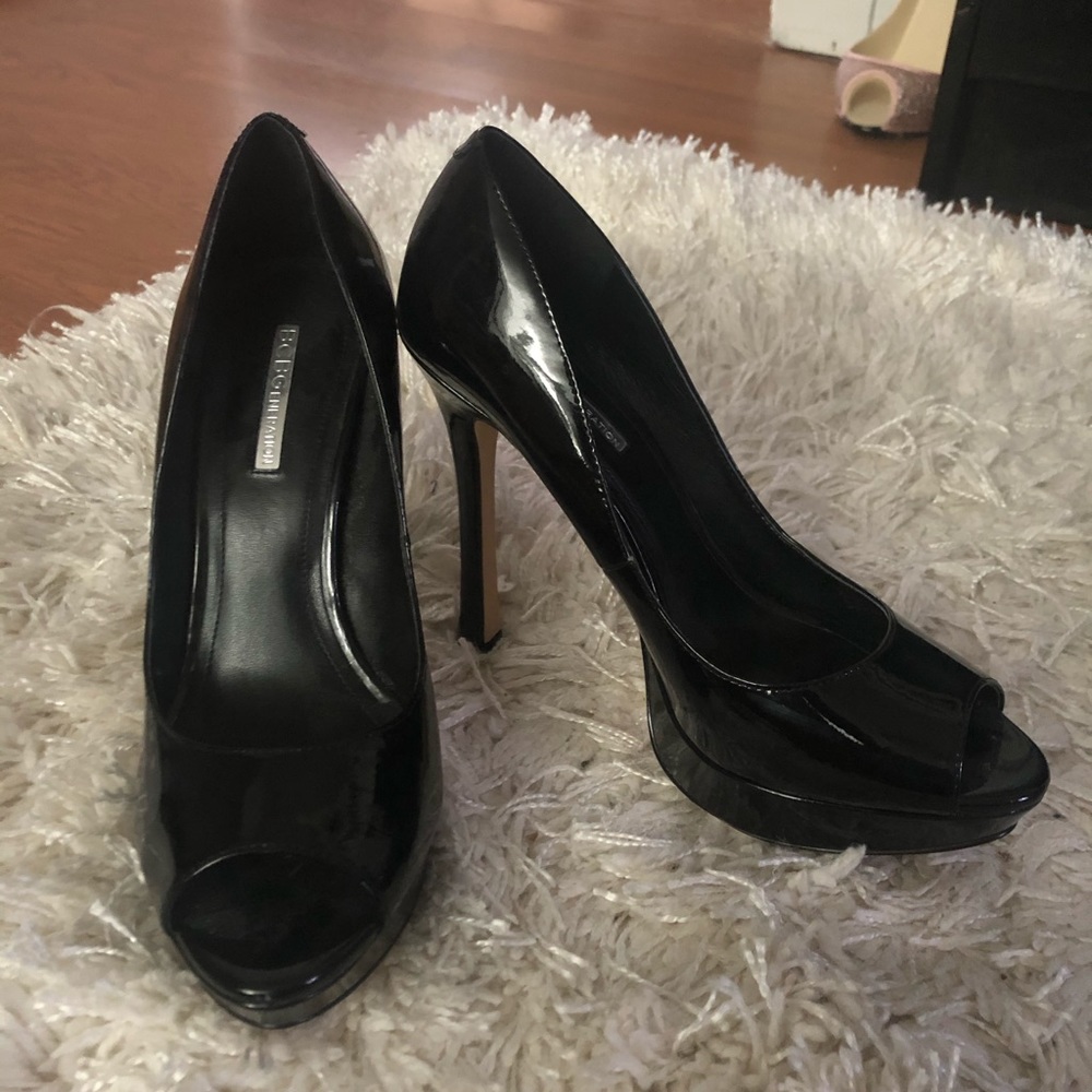 BCBG black patent leather platform heels